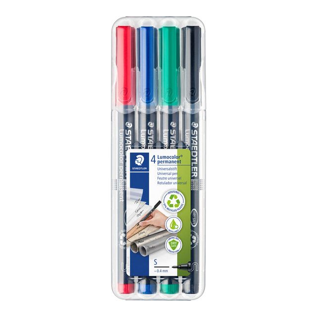 Staedtler - Lumocoler 313, OHP-marker, permanent, 0,4 mm, etui van 4 stuks in geassorteerde kleuren