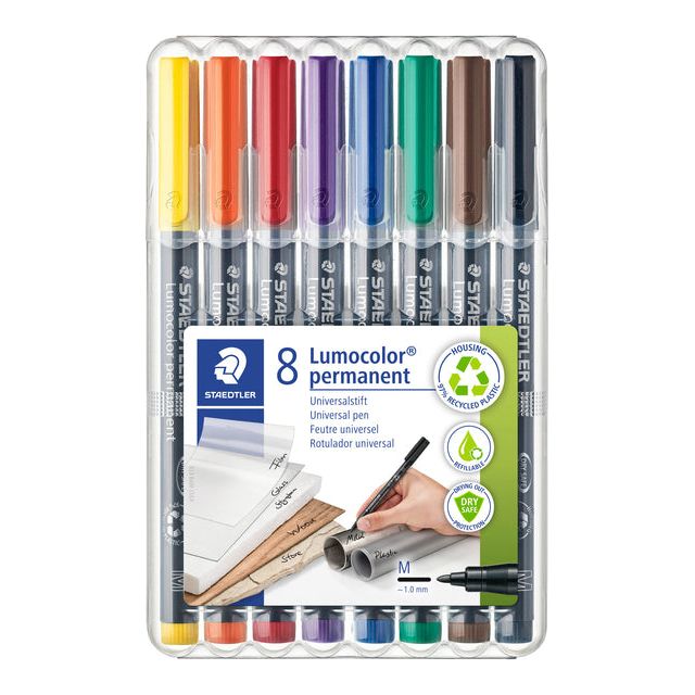 Staedtler - Lumocoler 317, OHP-marker, permanent, 1,0 mm, etui van 8 stuks in geassorteerde kleuren