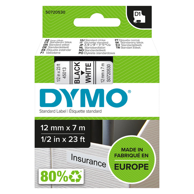 Dymo - Labele 45013 D1 720530 12mmx7m zwart op wit | 5 stuks