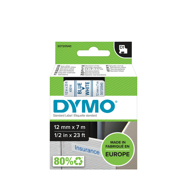 Dymo - Labele 45014 D1 720540 12mmx7m blauw op wit | 5 stuks