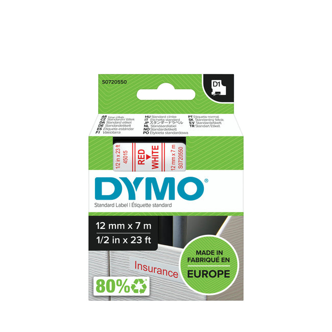 Dymo - Labele LabelManager D1 Polyester 12mm rot auf weiß | 5 Stück