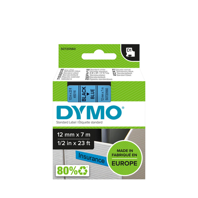 Dymo - Labele 45016 D1 720560 12mmx7m zwart op blauw | 5 stuks