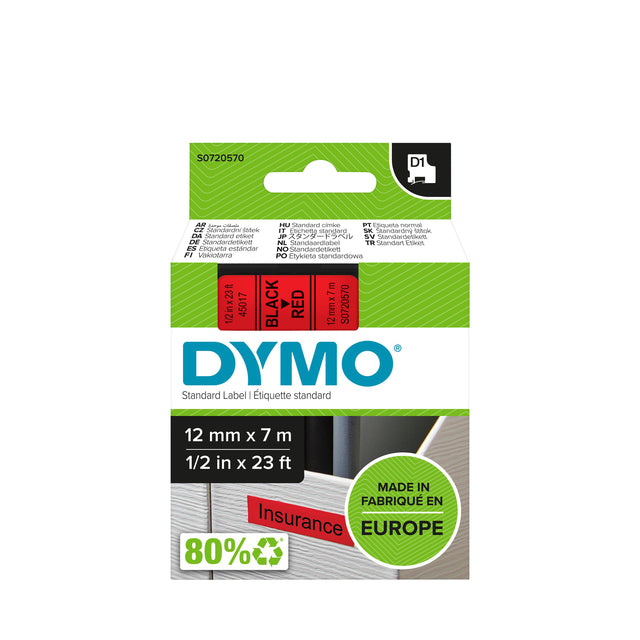 Dymo - D1 e 12 mm, zwart op rood