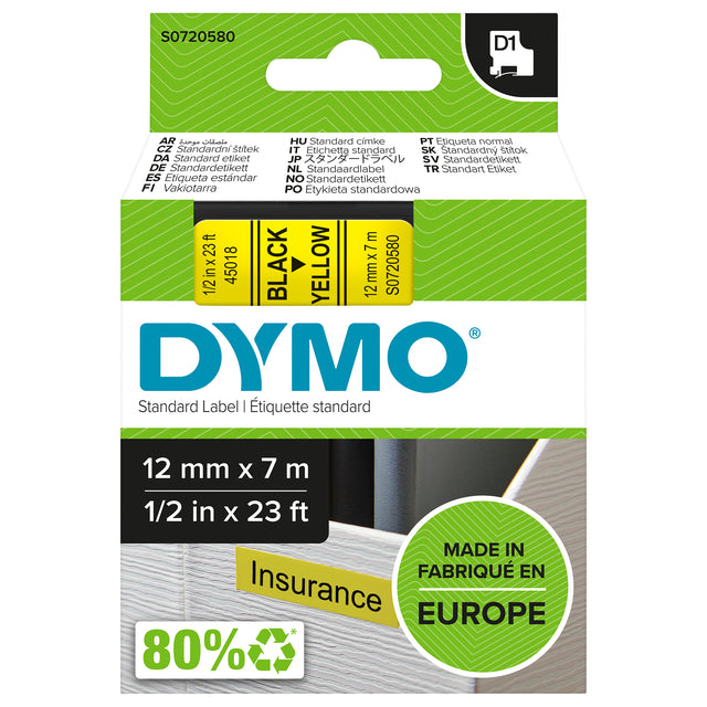 Dymo - Labele 45018 D1 720580 12mmx7m zwart op geel | 5 stuks