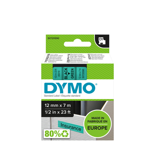 Dymo - Labele 45019 D1 720590 12mmx7m zwart op groen | 5 stuks