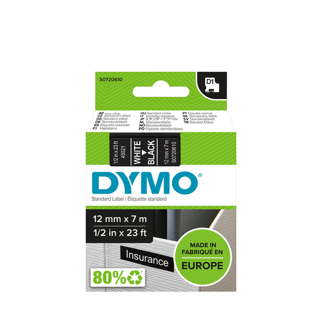 Dymo - D1 e 12 mm, wit op zwart