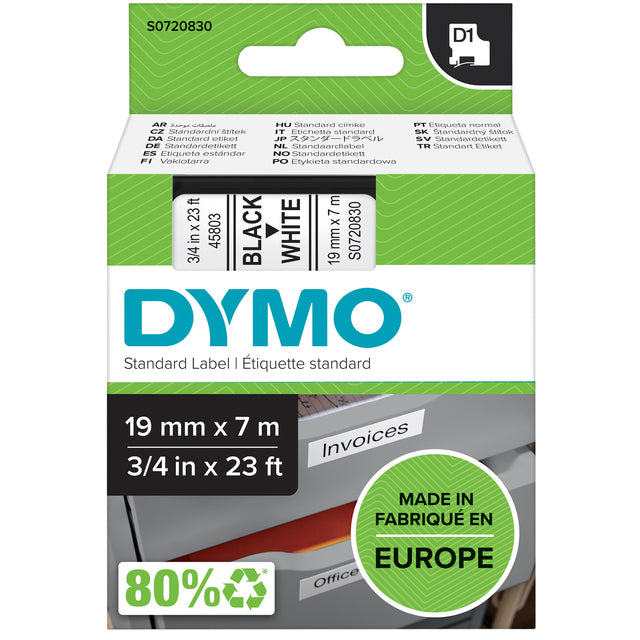 Dymo - Labele 45803 D1 720830 19mmx7m zwart op wit | 5 stuks