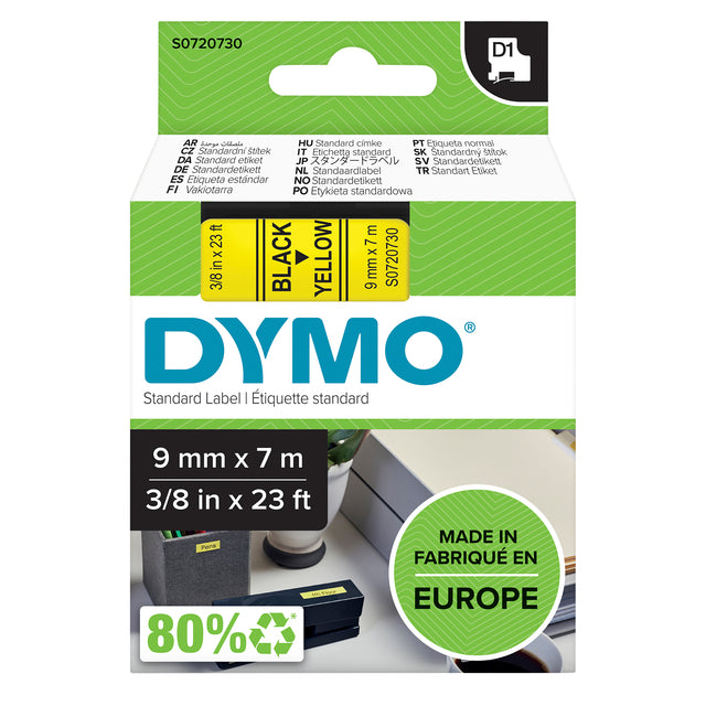 Dymo - Labele 40918 D1 720730 9mmx7m zwart op geel | 5 stuks