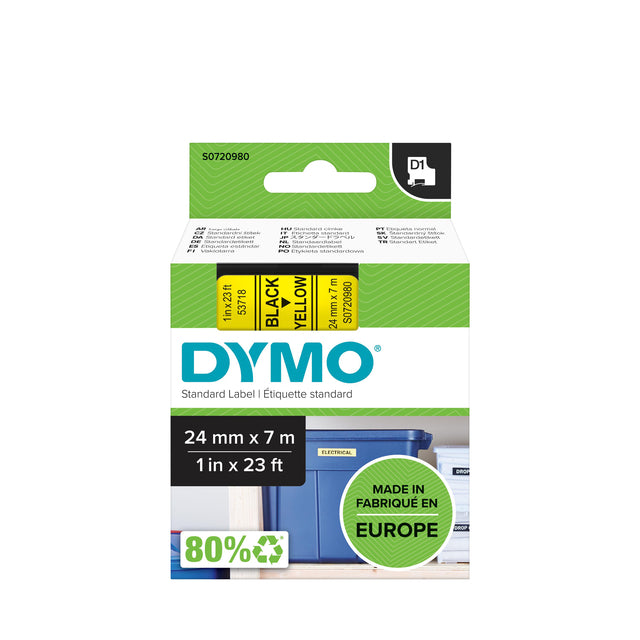 Dymo - Labele 53718 D1 720980 24mmx7m zwart op geel | 5 stuks