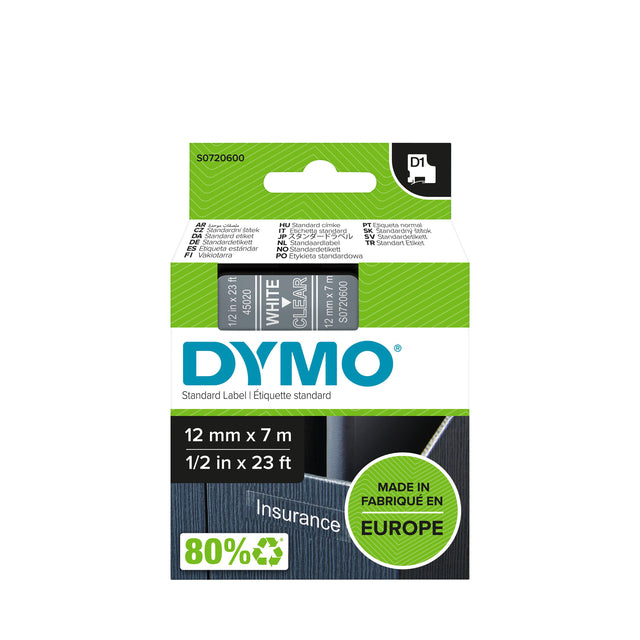 Dymo - Labele 45020 D1 720600 12mmx7m wit op transparant | 5 stuks