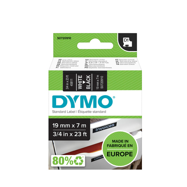 Dymo - Labele 45811 D1 720910 19mmx7m wit op zwart