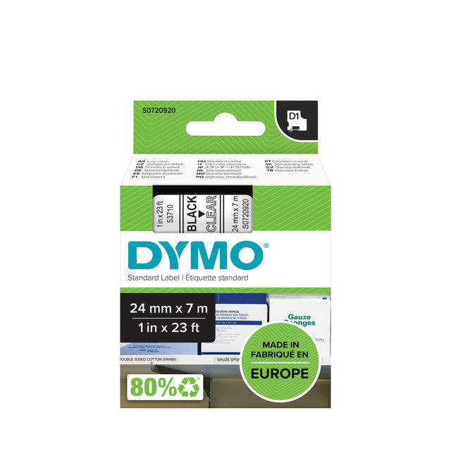 Dymo - Labele 53710 D1 720920 24mmx7m zwart op transparant