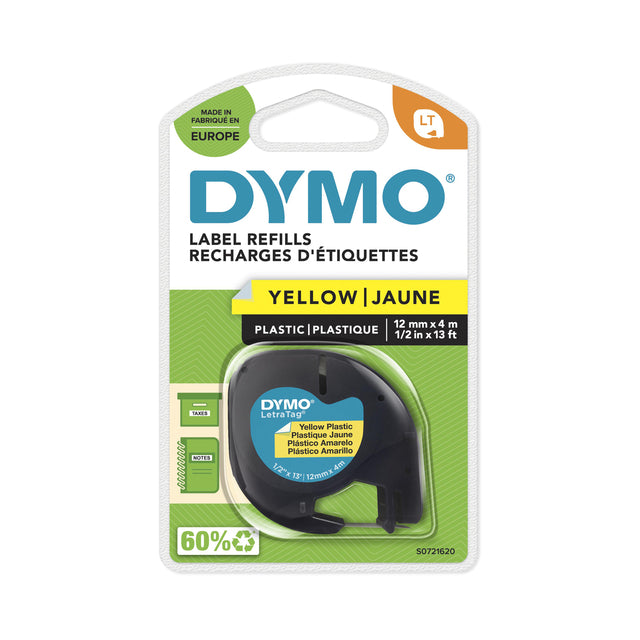 Dymo - Labele Letratag 91202 plastic 12mm zwart op geel | 10 stuks