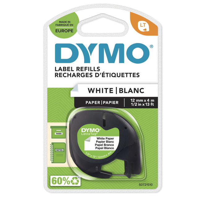 Dymo - Labele Letratag 91200 papier 12mm zwart op wit | 10 stuks