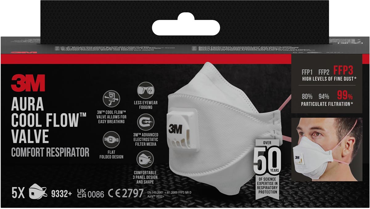 3M -  Aura Comfort Cool Flow stofmasker, FFP3, met ventiel, pak van 5 stuks