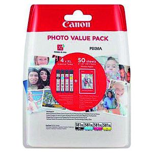 Cartouche d'encre Canon CLI-581XL 4 couleurs +50 feuilles de papier photo 10x15cm