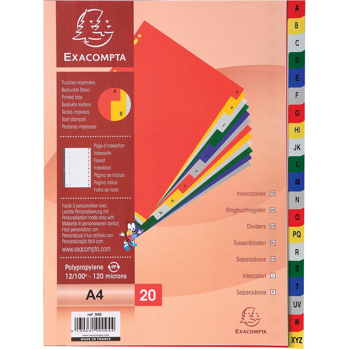 Exacompta -  tabbladen voor ft A4, uit PP, van A tot Z, 20 tabs, met indexblad, geassorteerde kleuren