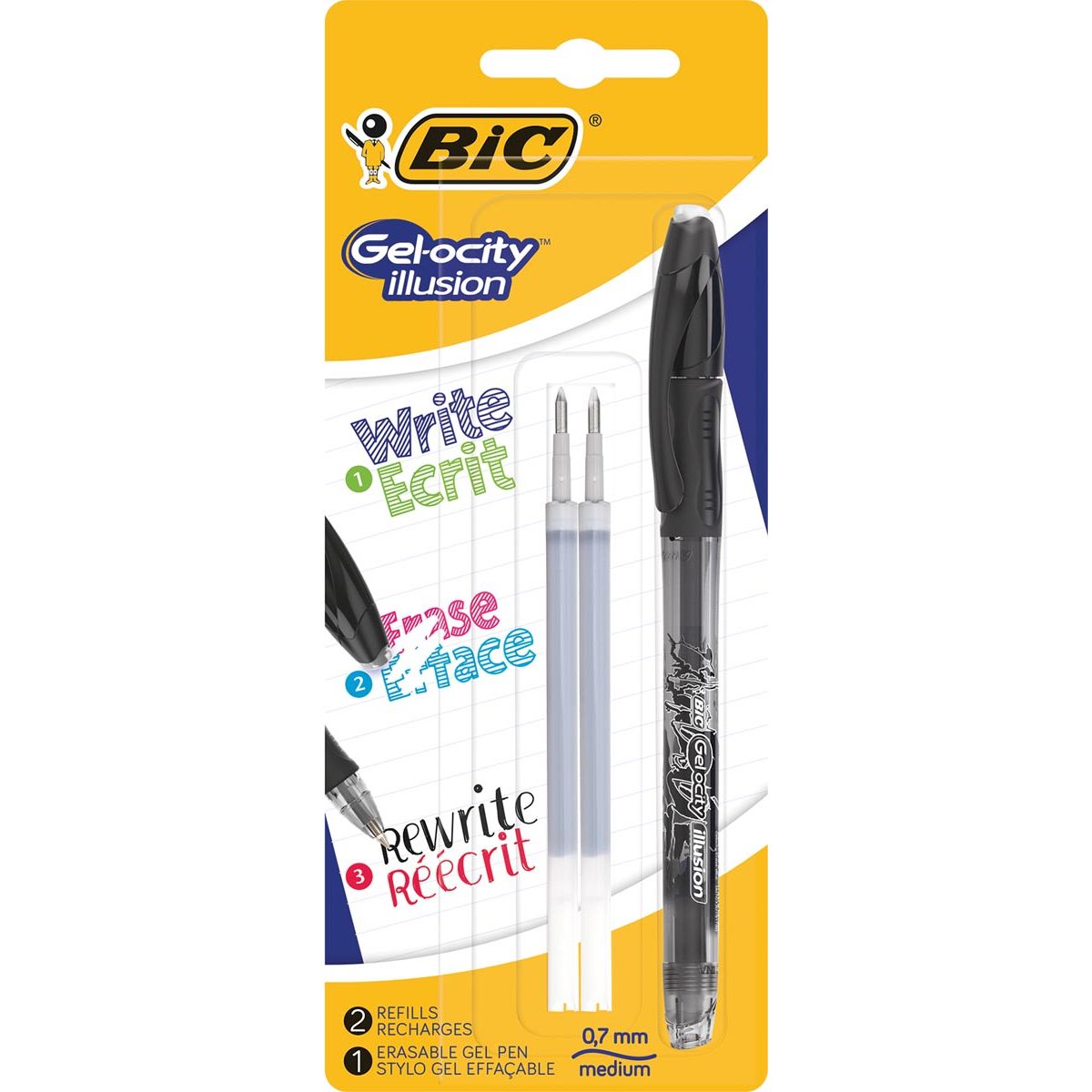 BIC - Illusion de gélicité à rouleaux, noir, cloque avec 1 morceau et 2 garnitures