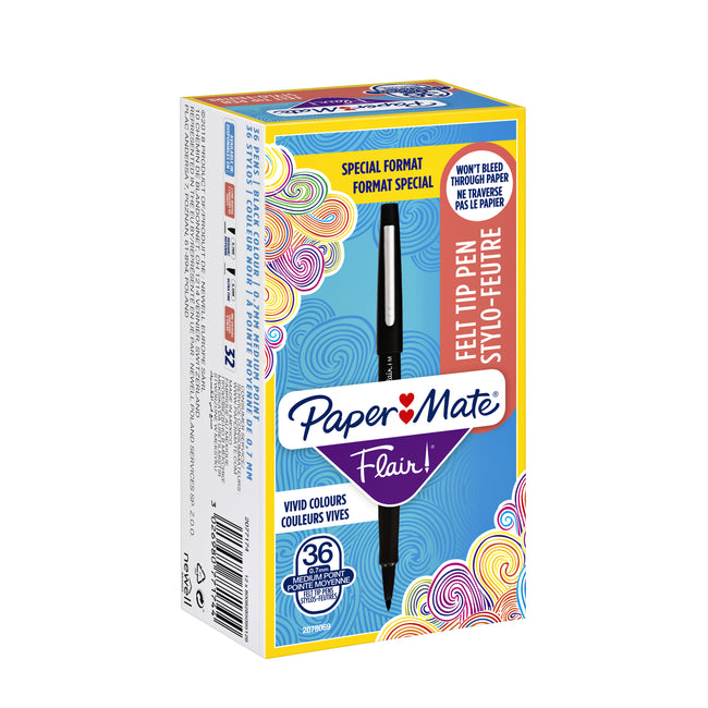 Paper Mate - Fineliner Flair Original, noir moyen, paquet de 36 pièces