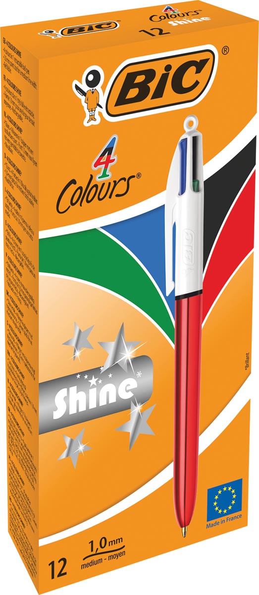 Bic - Stylo à bille Colors Shine 4 couleurs, moyen, couleurs d'encre classiques, corps rouge métallisé