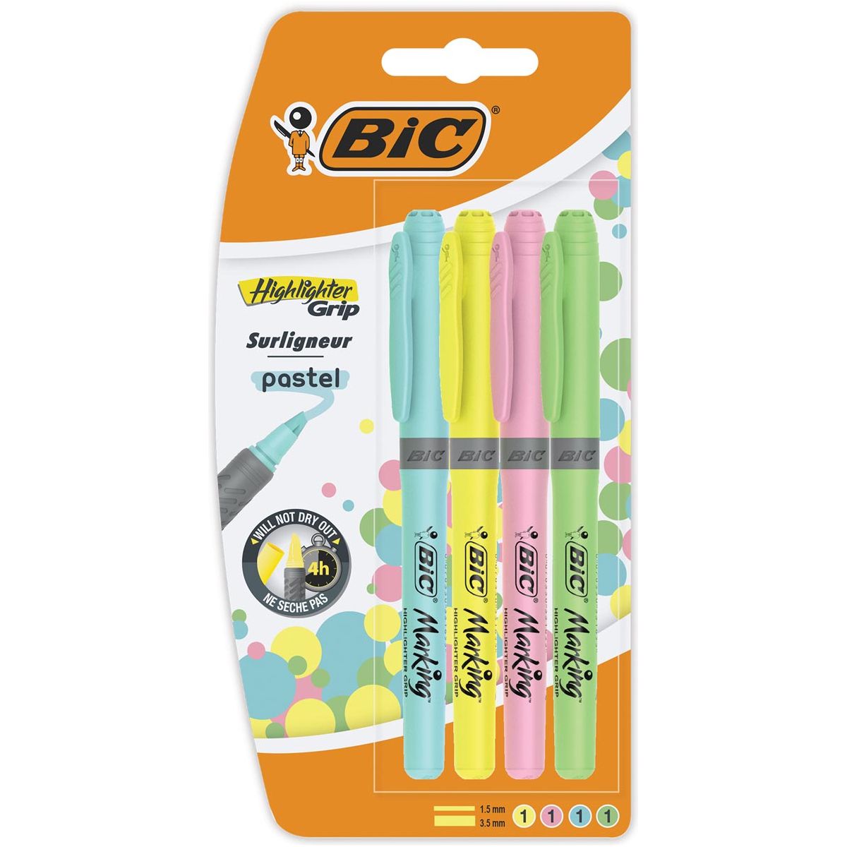 BIC - Highlighter Grip Tel, Blasen von 4 Teilen in verschiedenen Farben