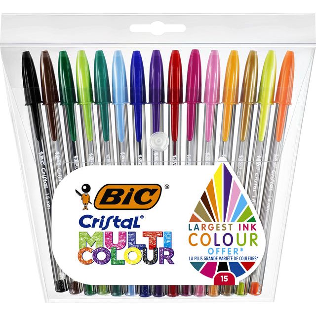 Bic - balpen Cristal Multicolour, etui van 15 stuks in geassorteerde kleuren