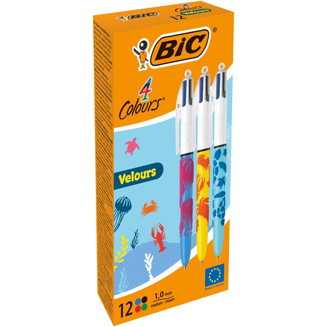 Bic - Colours Velours 4-kleurenbalpen, medium, klassieke inktkleuren, doos van 12 stuks