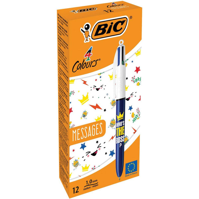 Bic - Colours Messages 4-kleurenbalpen, medium, klassieke inktkleuren, doos van 12 stuks