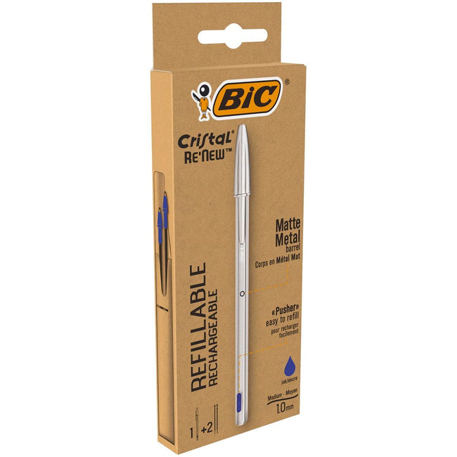 BIC - Penna a sfera Cristal Re-new media argento + 2 ricariche blu