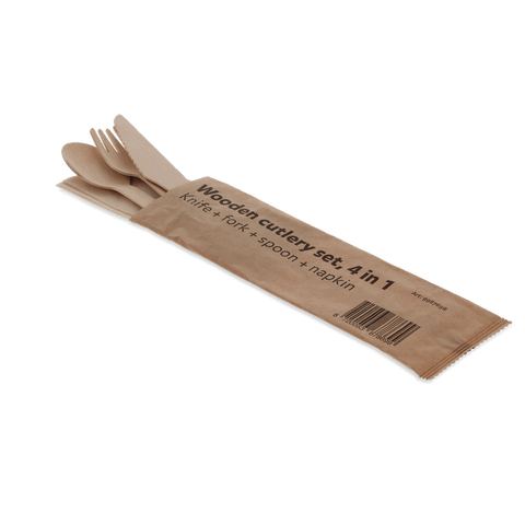 KLIKA - Couvoirs en bois Set 4/1 Couteau + fourche + cuillère + serviette (FSC) | 250 pièces