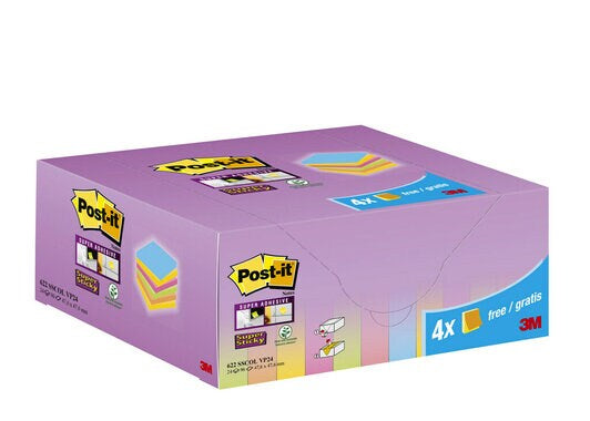 Post-it Super Sticky -  622 SSCOL VP24 zelfklevend notitiepapier Vierkant Blauw, Groen, Oranje, Roze, Geel 90 vel Zelfplakkend