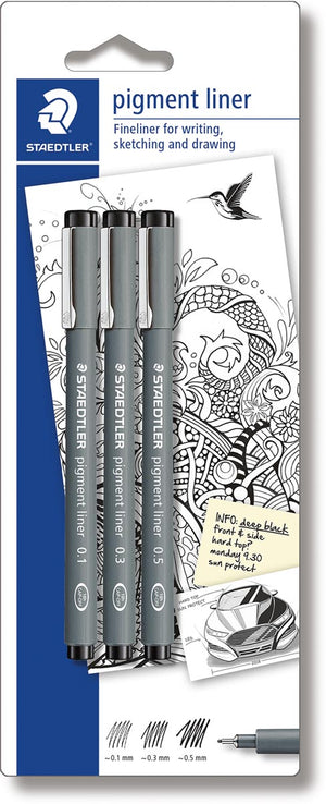 Staedtler -  fineliner Pigment Liner blister van 3 stuks: 0,1; 0,3 en 0,5 mm