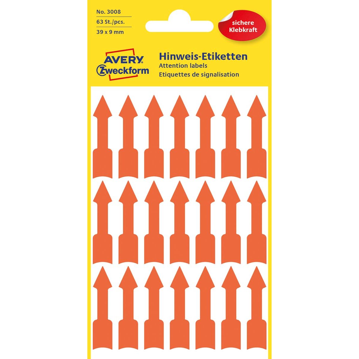 Avery - Zweckform 3008, marking arrows, light red, 3 sheets, 63 per sheet, 39 x 9 mm