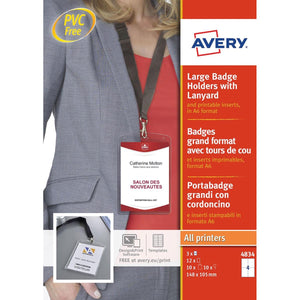 Avery -  grote badge met lanyard zwart, inclusief inserts, doos van 10 stuks
