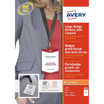 Avery -  grote badge met lanyard zwart, inclusief inserts, doos van 10 stuks