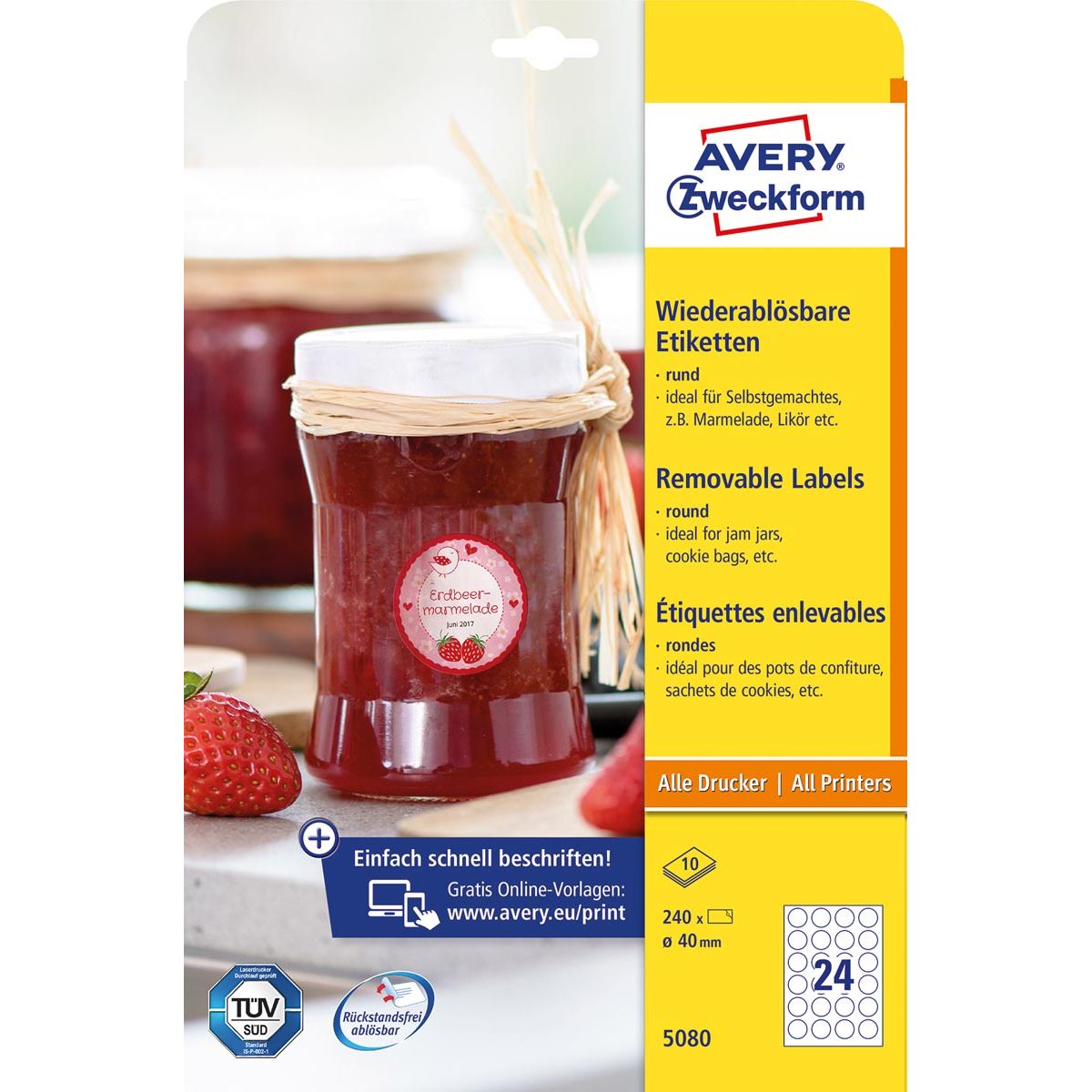 Avery Zweckform - Etichette rotonde Zweckform, diametro 40 mm, bianco, rimovibile, 240 etichette, 10 fogli
