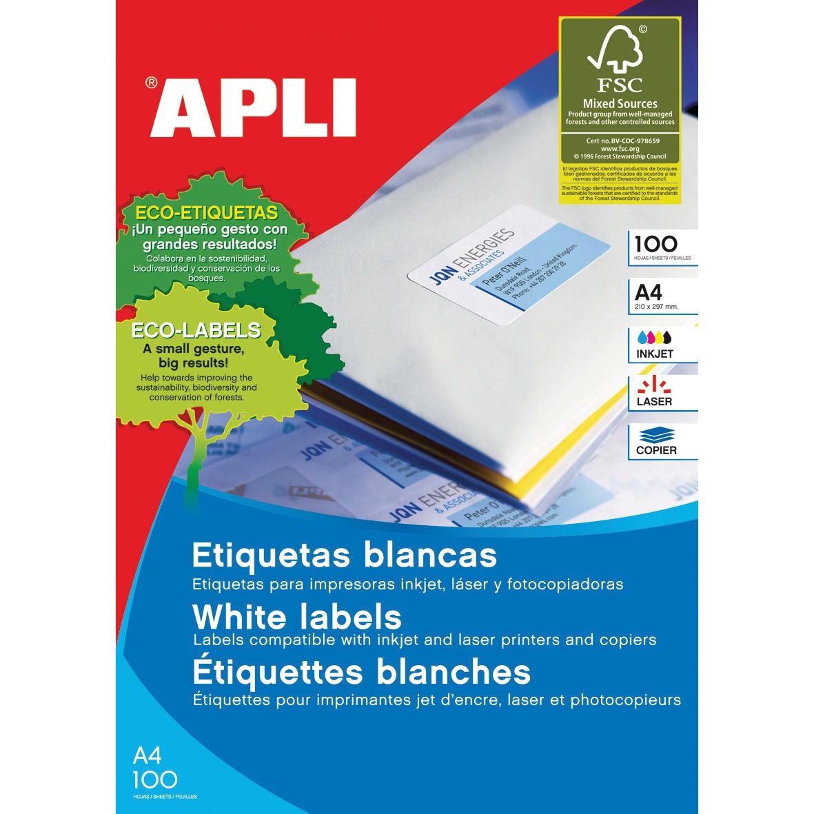 Apli - witte etiketten Ft 210 x 148 mm (b x h), 200 stuks, 2 per blad (1264)