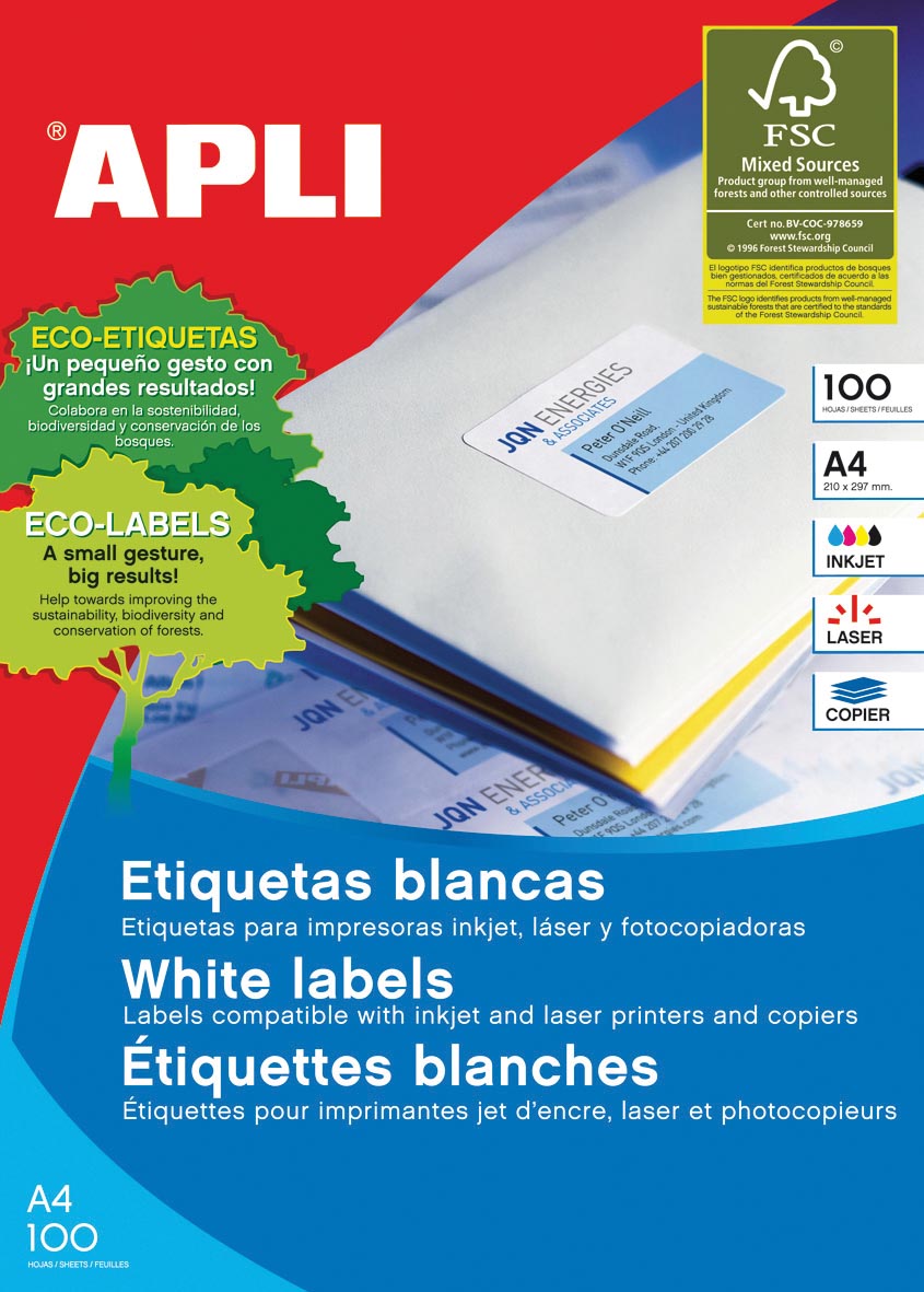 Apli - étiquettes blanches ft 210 x 297 mm (b x h) (A4), 100 morceaux, 1 par feuille (1281)