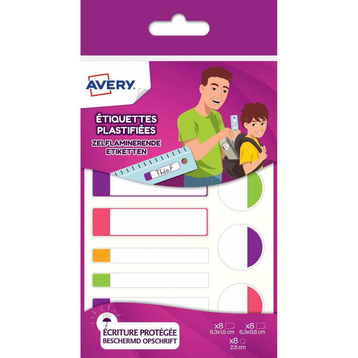 Avery - Family gelamineerde etiketten, etui met 24 etiketten, geassorteerde formaten en fluo kleuren