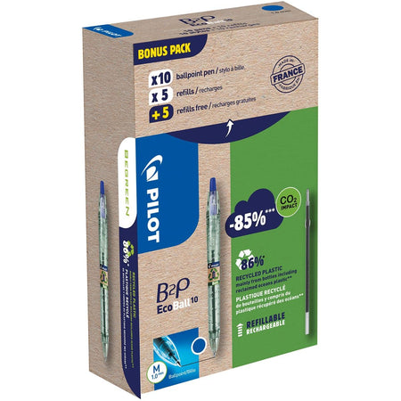 Pilot - Bolígrafo Ecoball B2P BeGreen, punta media, 0,3 mm 10 piezas + 10 recambios, azul