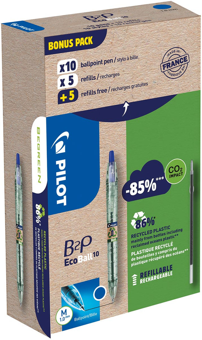 Pilot - Penna a sfera Ecoball B2P BeGreen punta media 0,3 mm 10 pezzi + 10 ricariche, blu