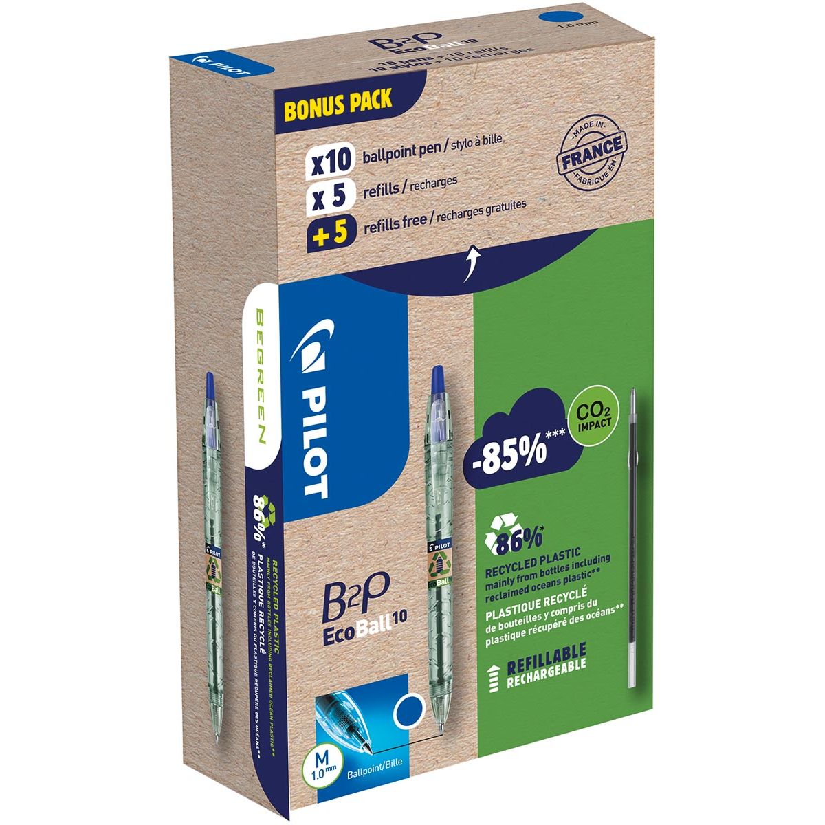Pilot -  Ecoball B2P BeGreen balpen, medium punt, 0,3 mm 10 stuks + 10 vullingen, blauw