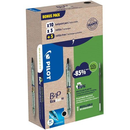 Pilot - Bolígrafo Ecoball B2P BeGreen, punta media, 0,3 mm 10 piezas + 10 recambios, negro