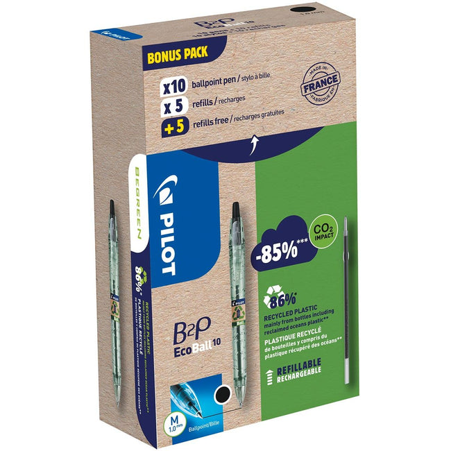 Pilot - Penna a sfera Ecoball B2P BeGreen punta media 0,3 mm 10 pezzi + 10 ricariche, nera