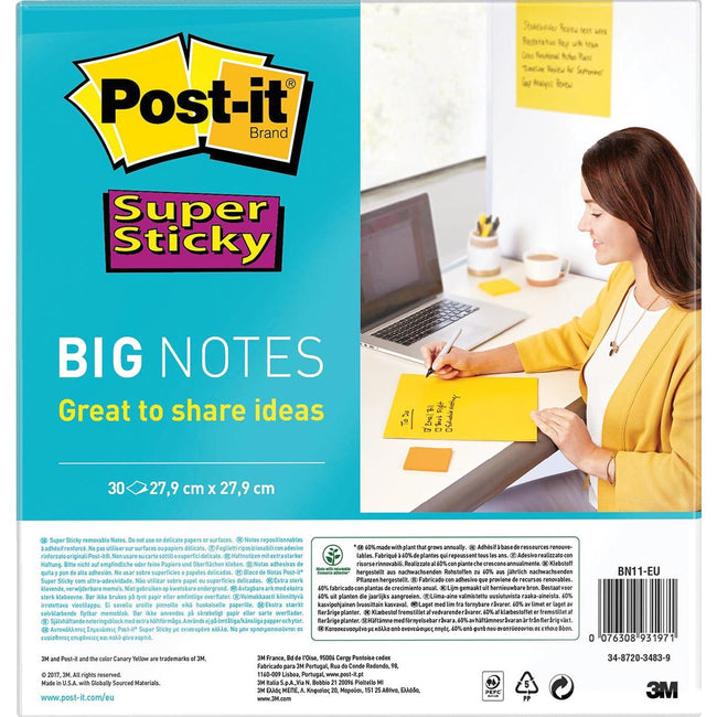 Post-it -  Super Sticky Big Notes, 30 vel, ft 280 x 280 mm, geel
