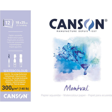 Canson - Papel de acuarela Montval, blanco de grano fino 300 g/m², pies 18 x 25 cm, bloque de 12 hojas