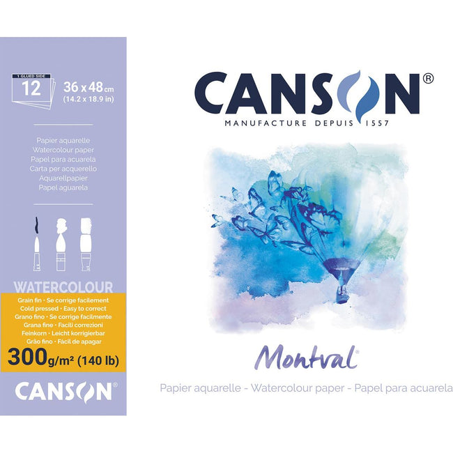 Canson - Papier aquarelle Montval, blanc grain fin 300 g/m², pi 36 x 48 cm, bloc de 12 feuilles