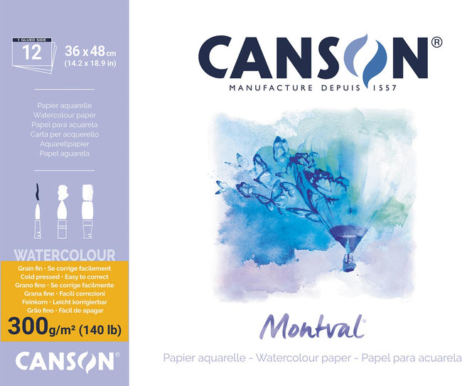 Canson -  Montval aquarelpapier, wit met fijne korrel 300 g/m², ft 36 x 48 cm, blok met 12 vellen