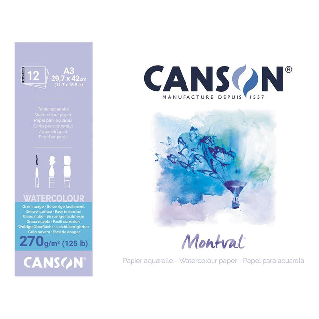 Canson - Montval aquarelpapier, wit met grove korrel 270 g/m², ft A3, blok met 12 vellen