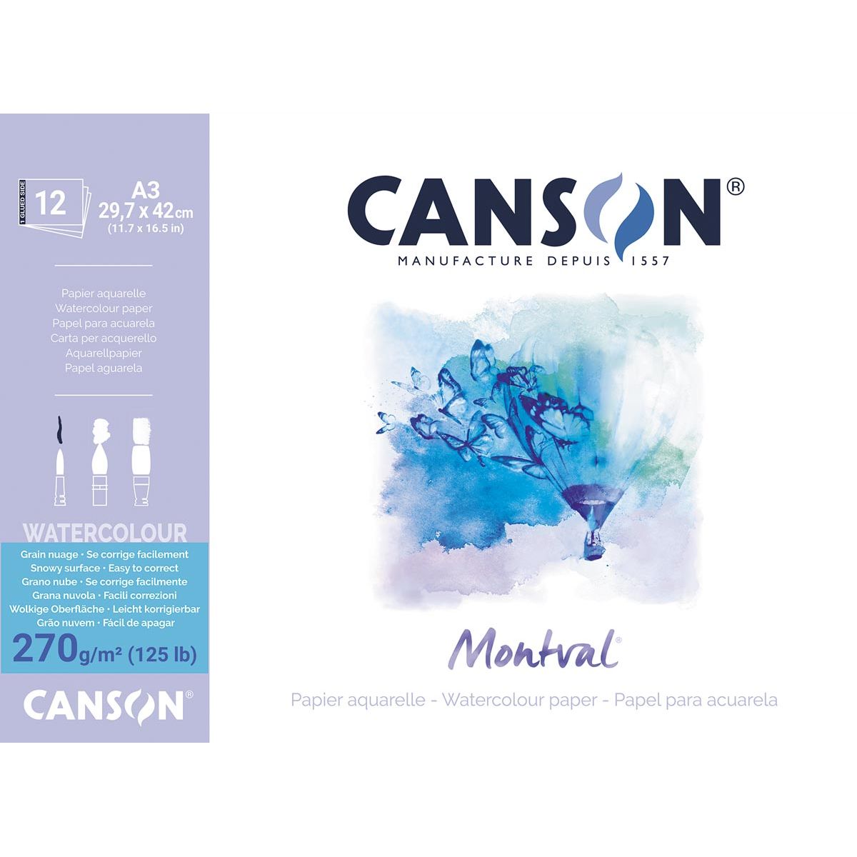 Canson - Carta per acquerello Montval, bianca a grana grossa 270 g/m², ft A3, blocco da 12 fogli
